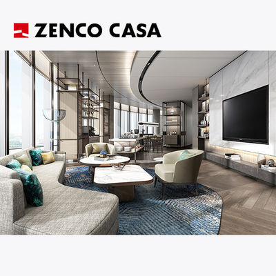 O conjunto de mobiliário do salão executivo do hotel inclui sofá e mesa de café de tecido