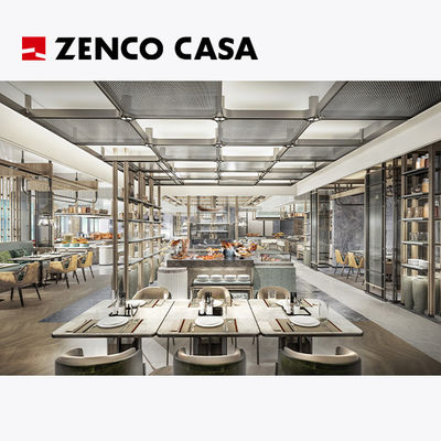 O conjunto de móveis do hotel e restaurante inclui cadeira de couro e mesa de mármore.