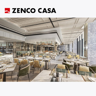 O conjunto de móveis do hotel e restaurante inclui cadeira de couro e mesa de mármore.