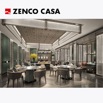 O conjunto de móveis do hotel e restaurante inclui cadeira de couro e mesa redonda de mármore