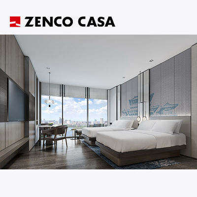 Conjunto de mobiliário de quarto de hotel com cama individual e mesa de cabeceira